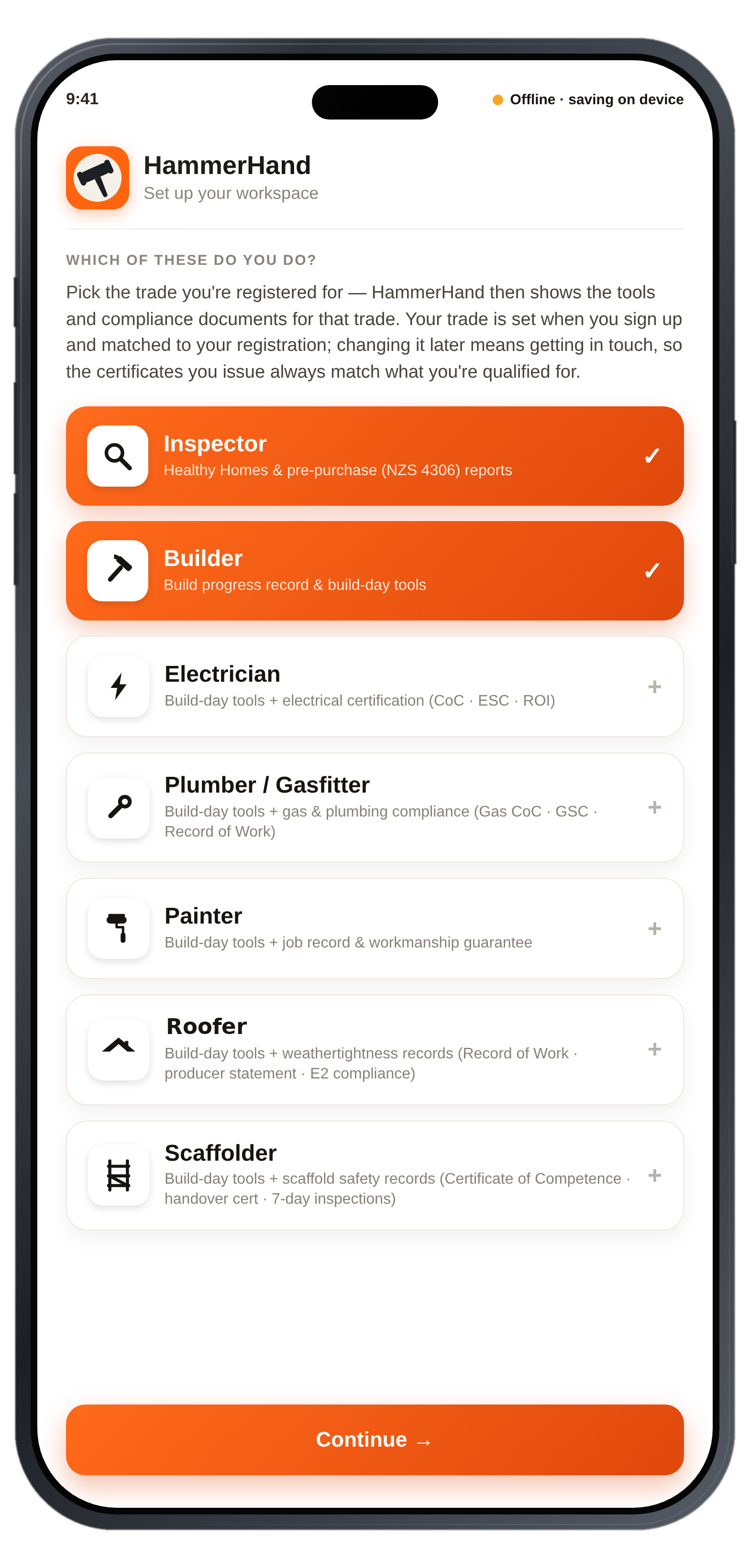 The HammerHand app — choose your trades: Inspector, Builder, Electrician, Plumber and Gasfitter, Painter, Roofer and Scaffolder