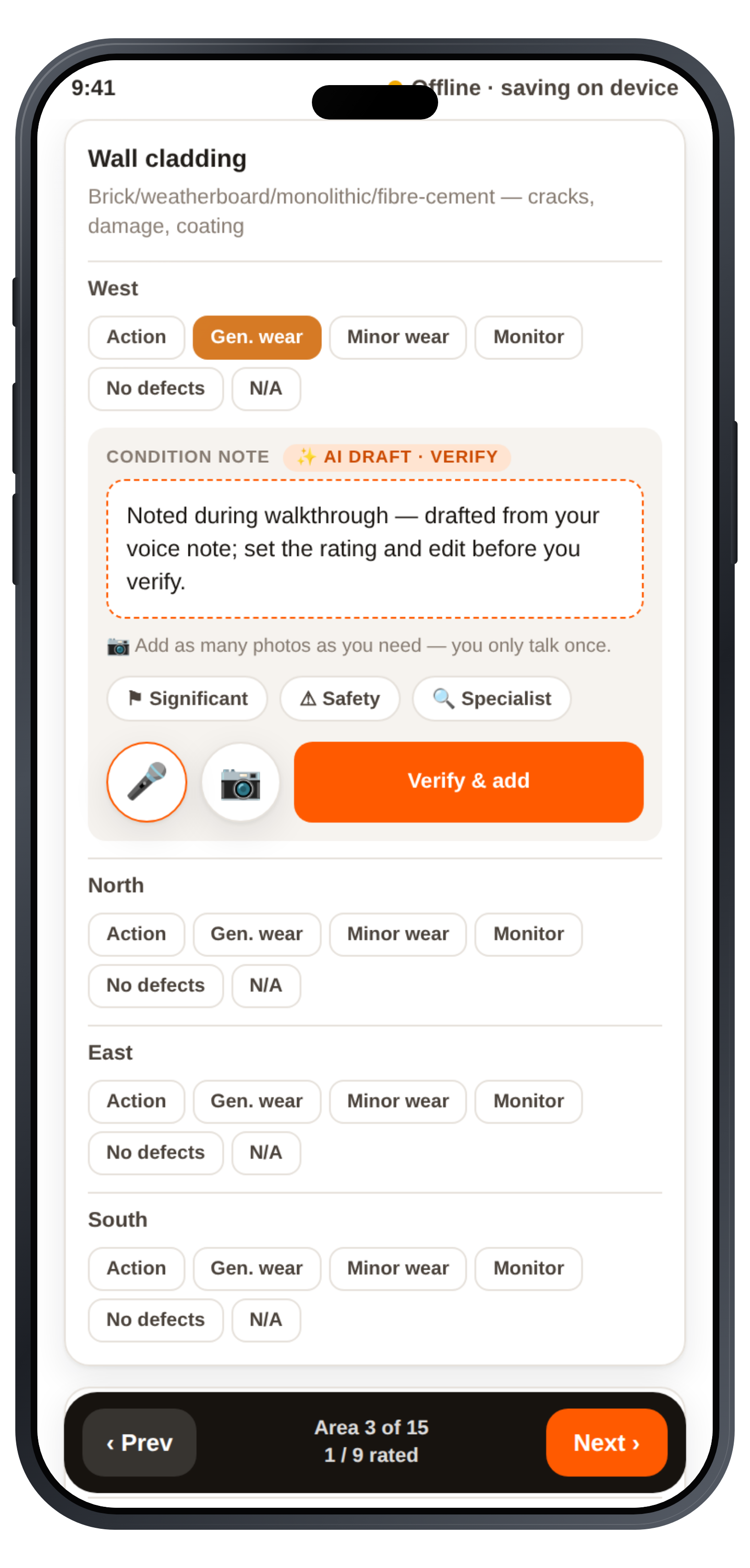 HammerHand drafts each finding from your voice note; you edit, set the rating and verify